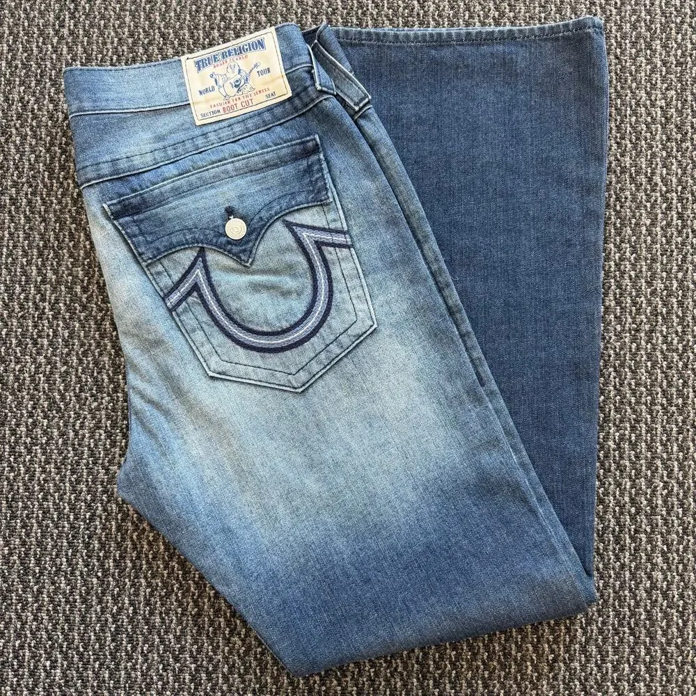 True Religion Boot Cut Denim Jeans Mens Faded Distressed Flap Pocket USA 38x34